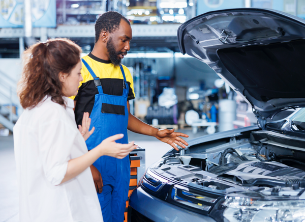 Illustration of a consumer reviewing collision repair questions with a certified collision center